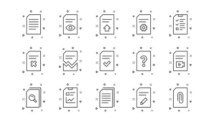 Report, Checklist and Download file. Document line icons. Read message linear icon set. Geometric elements. Quality signs set. Vector
