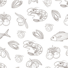 Vector graphic seamless pattern with sea food, tomatoes and olives on a white background