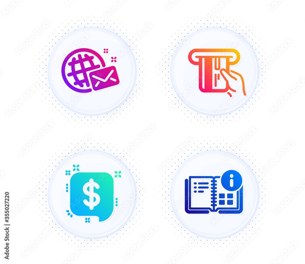 Poster credit card, payment message and world mail icons simple set. button with halftone dots. instruction