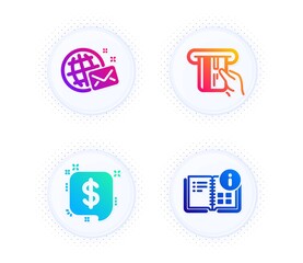 Credit card, Payment message and World mail icons simple set. Button with halftone dots. Instruction info sign. Atm payment, Finance, Chat. Project. Business set. Vector