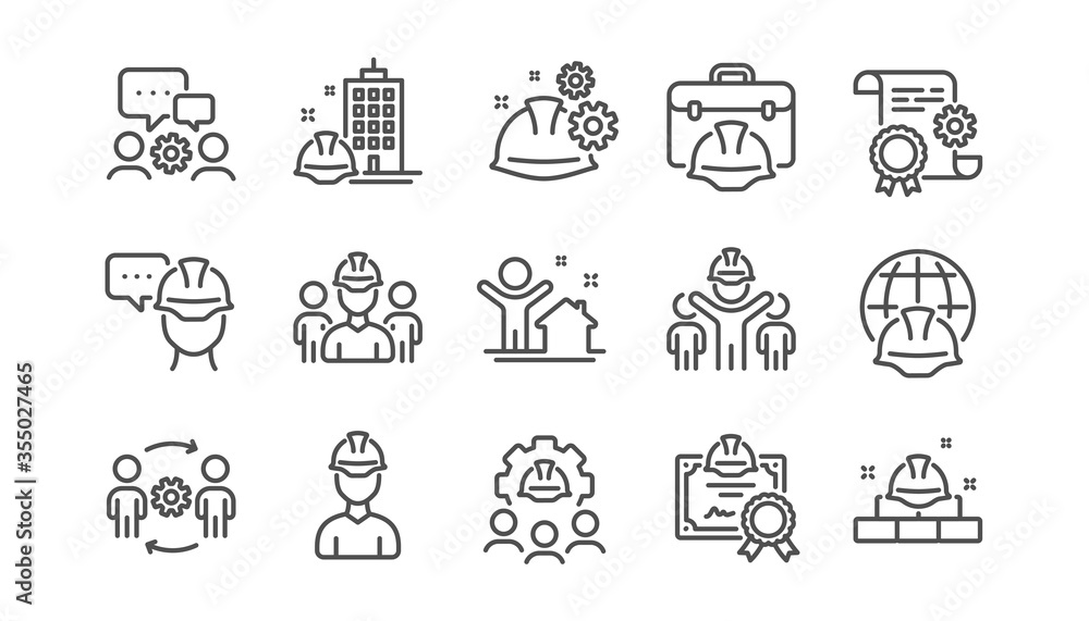 Wall mural engineering line icons set. technical documentation, teamwork and people. blueprint with gear, engin