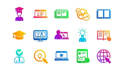 Book, Video tutorial and Instructions. Education icons. Presentation classic icon set. Gradient patterns. Quality signs set. Vector