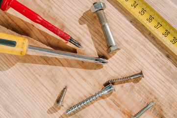 woodworking tolls, chisels and mallet on a workbench