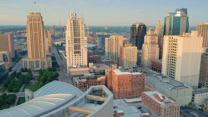 Aerial: downtown Kansas City city skyline at sunrise. Missouri, USA