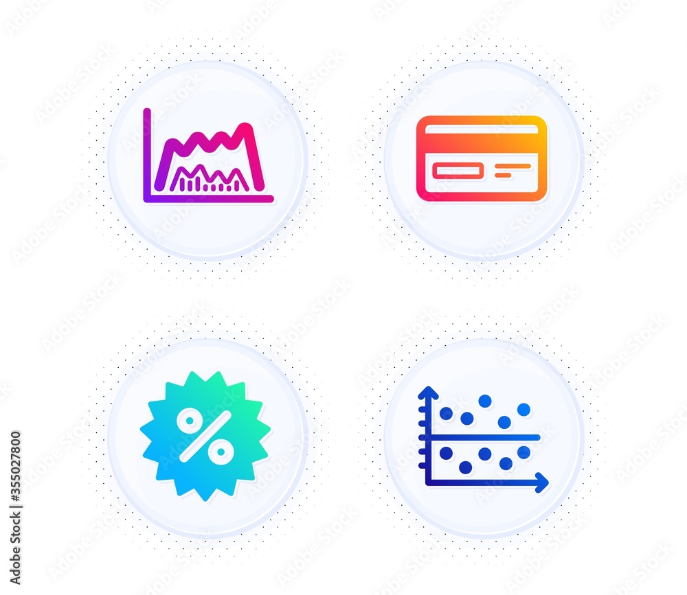 Poster discount, trade chart and credit card icons simple set. button with halftone dots. dot plot sign. sp
