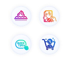 Prescription drugs, Quick tips and Skin care icons simple set. Button with halftone dots. Shopping cart sign. Pills, Helpful tricks, Face cream. Discount. Business set. Vector