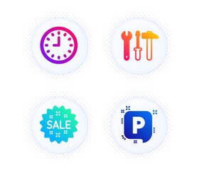 Clock, Sale and Spanner tool icons simple set. Button with halftone dots. Parking sign. Time or watch, Shopping star, Repair screwdriver. Auto park. Business set. Gradient flat clock icon. Vector