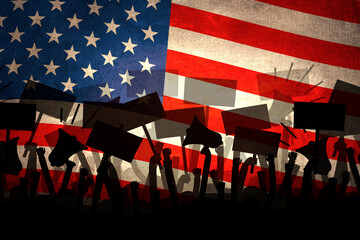 Silhouette of people protesters on American flag background. Crowd Protest