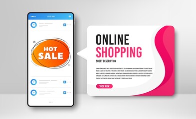 Phone banner template. Hot sale badge. Discount banner shape. Coupon bubble icon. Social media banner with smartphone screen. Online shopping web template. Hot sale promotion badge. Vector