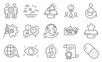 Set of Business icons, such as Health eye, Capsule pill. Diploma, ideas, save planet. Employees teamwork, Megaphone, Time management. Winner podium, Education idea, International Ð¡opyright. Vector