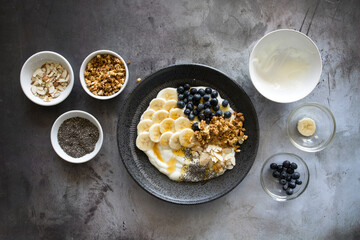 Yogurt with Banana, Blueberries, almonds and Chia Seeds