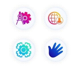 Seo gear, International recruitment and Cogwheel dividers icons simple set. Button with halftone dots. Hand sign. Cogwheel, World business, Settings. Swipe. Business set. Vector