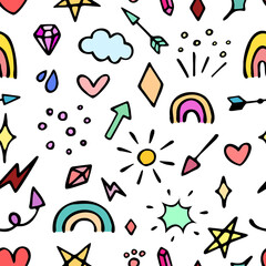 Vector seamless colorful pattern with different stars, sparkles, arrows, hearts, diamonds, signs and symbols. Hand drawn, doodle style. Design for wallpaper, wrapping, stationery, textile