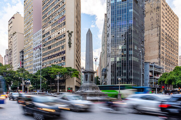 Motion Blur Movement of Cars During Busy Traffic in Praça Sete, Famous Landmark in Downtown Belo...
