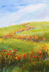 watercolor landscape with grass field, blue sky with clouds and red wild flowers. hand-drawn illustration
