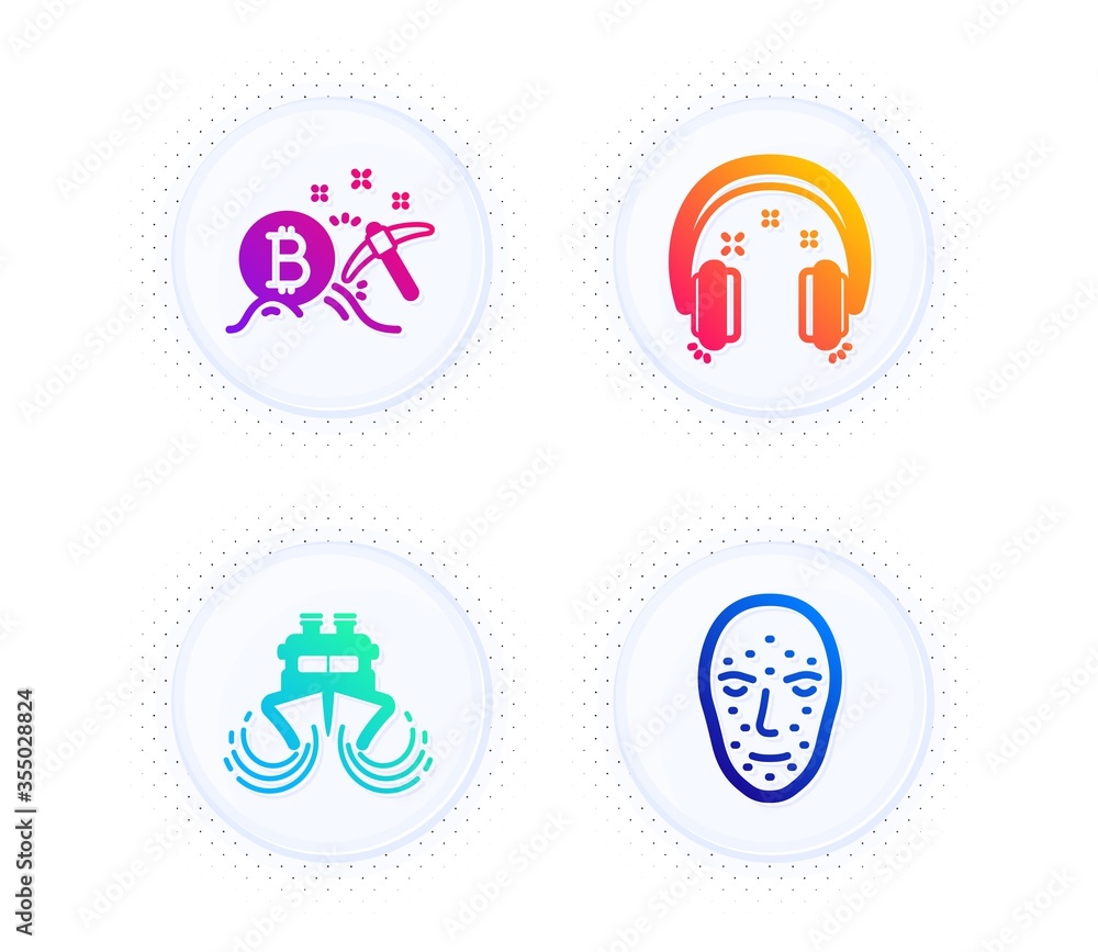 Poster headphones, bitcoin mining and ship icons simple set. button with halftone dots. face biometrics sig