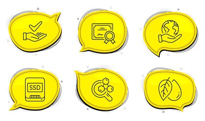 Chemistry lab sign. Diploma certificate, save planet chat bubbles. Mineral oil, Ssd and Dermatologically tested line icons set. Organic tested, Memory disk, Organic. Lab research. Science set. Vector