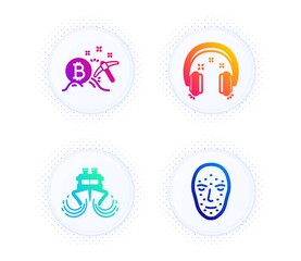 Headphones, Bitcoin mining and Ship icons simple set. Button with halftone dots. Face biometrics sign. Earphones, Cryptocurrency pickaxe, Shipping watercraft. Facial recognition. Vector