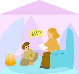 Mother and her little son are practiced in logopedic treatment session. Colorful vector illustration for web and printing.