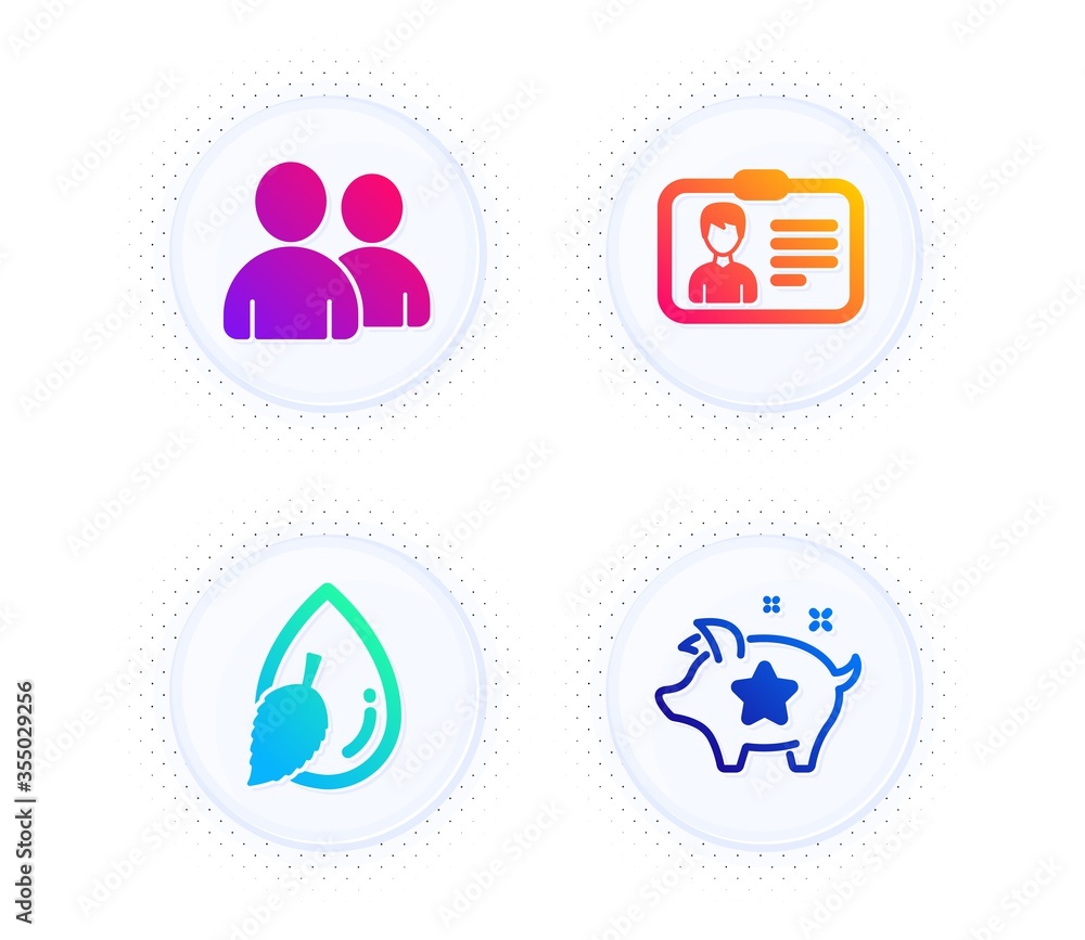 Aufkleber identification card, water drop and users icons simple set. button with halftone dots. loyalty point