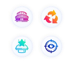 Sports stadium, Recycle and Winner podium icons simple set. Button with halftone dots. Eye target sign. Championship arena, Recycling waste, First place. Optometry. Business set. Vector