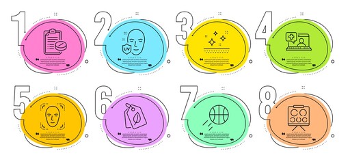 Face detection, Bio tags and Uv protection signs. Timeline steps infographic. Medical prescription, Basketball and Clean skin line icons set. Medical help, Vision board symbols. Vector