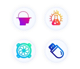 Face scanning, Chemistry lab and Computer fan icons simple set. Button with halftone dots. Usb stick sign. Faces detection, Laboratory, Pc ventilator. Memory flash. Science set. Vector
