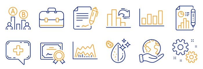 Set of Science icons, such as Decreasing graph, Signing document. Certificate, save planet. Ab testing, Report document, Work. Dirty water, Trade chart, Medical chat. Vector