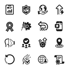 Set of Science icons, such as Location, Energy growing. Certificate, approved group, save planet. International recruitment, Report document, 360 degrees. Vector