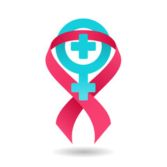 Womens health logo template - symmetrical icon with Venus symbol and breast cancer ribbon - isolated vector emblem