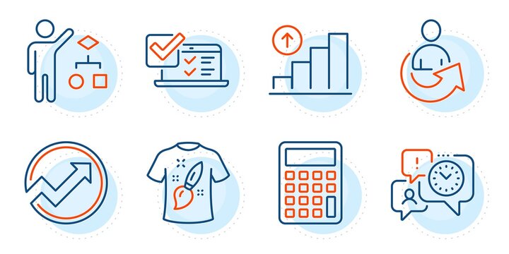Online survey, Time management and Algorithm signs. Audit, Share and Calculator line icons set. Graph chart, T-shirt design symbols. Arrow graph, Referral person. Education set. Vector