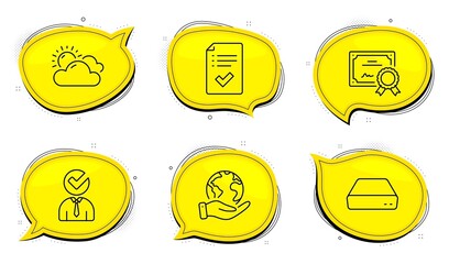 Vacancy sign. Diploma certificate, save planet chat bubbles. Sunny weather, Mini pc and Approved checklist line icons set. Summer, Computer, Accepted message. Businessman concept. Business set. Vector