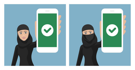 Young woman in traditional islamic clothes (hijab) holding smartphone with check mark on a screen - vector illustration in two variations