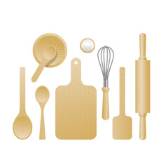 Cook set - collection of wooden textured kitchenware  - spoon, ladle, cutting board, rolling pin. whisk, spatula, salt shaker - vector set of cooking equipment and utensil