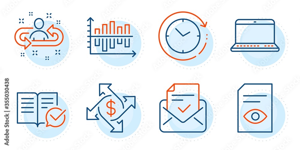 Poster recruitment, approved documentation and payment exchange signs. diagram chart, time change and noteb