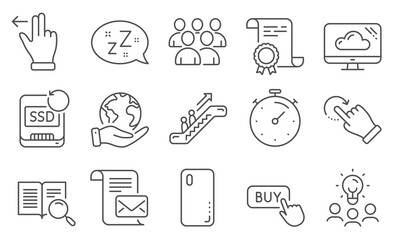 Set of Technology icons, such as Timer, Buy button. Diploma, ideas, save planet. Cloud storage, Search text, Escalator. Touchscreen gesture, Mail letter, Group. Vector