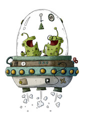 two aliens, one of them with glasses, drive a retro ufo, funny illustration for children. isolated © JrCasas