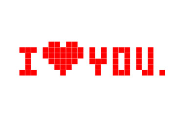 Big red pixel love you heart for valentine day. White background.