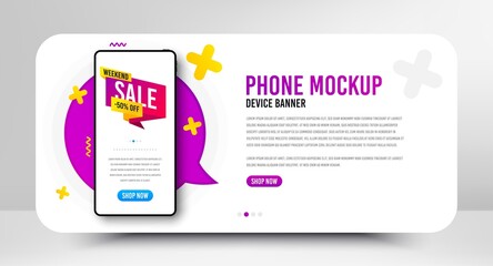 Weekend sale 50% off badge. Phone screen mockup banner. Discount banner shape. Hot offer icon. Social media banner with smartphone screen. Shopping mockup web template. Weekend sale promotion. Vector