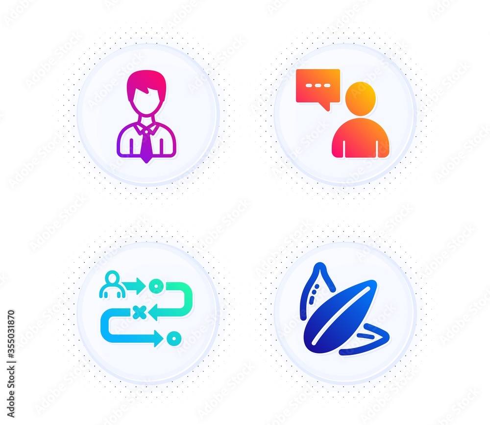 Poster journey path, businessman and users chat icons simple set. button with halftone dots. sunflower seed