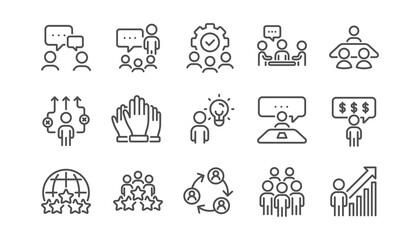 Fototapeta na wymiar Business people line icons set. Meeting, job structure, team. Group people, communication, member icons. Congress, talk person, partnership. Job interview, business idea, voting. Linear set. Vector