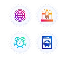 Globe, Time management and Start business icons simple set. Button with halftone dots. Washing machine sign. Internet world, Alarm clock, Launch idea. Laundry. Technology set. Vector