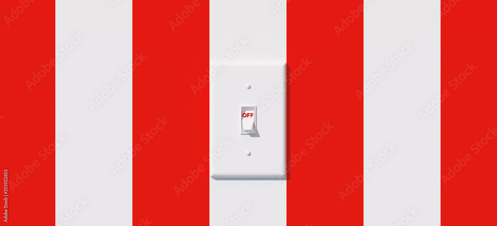Poster minimal composition for energy saving concept. white light switch on red and white stripes backgroun