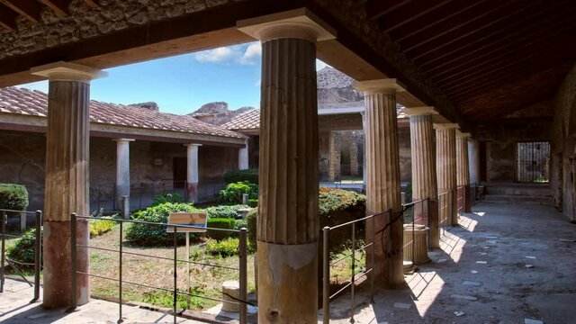 Urban domus Peristilium at Ruins of ancient Pompeii, Campania, Italy,