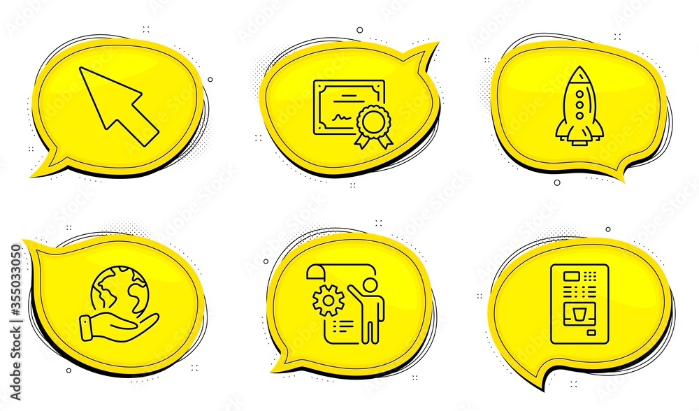 Poster mouse cursor sign. diploma certificate, save planet chat bubbles. coffee vending, settings blueprint