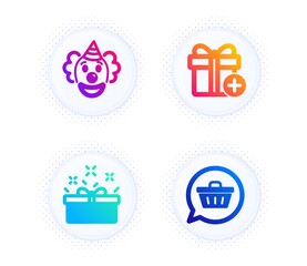 Add gift, Clown and Present box icons simple set. Button with halftone dots. Shopping cart sign. Present box, Funny performance, Sale offer. Dreaming of gift. Holidays set. Vector