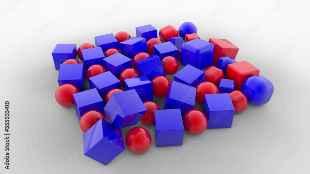 Poster 3d animation of balls and cubes on a white background. geometric shapes change shape and size and ta
