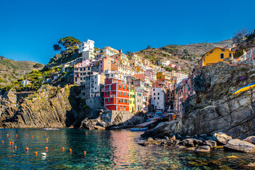 Riomaggiore, Italy 04 01 2017: Panoramic view of picturesque village Riomaggiore in Cinque Terre region near La Spezia in Italy