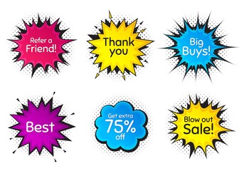 Best, 75% discount and refer friend. Comic speech bubble. Thank you, hi and yeah phrases. Sale shopping text. Chat messages with phrases. Colorful texting comic speech bubble. Vector