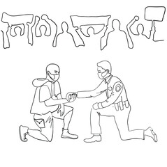 Black Lives Matter. Policeman kneeled, two hands holding. Protest Banner about Human Right of Black People in U.S. America. Vector Illustration. Icon Poster for printed matter and Symbol.